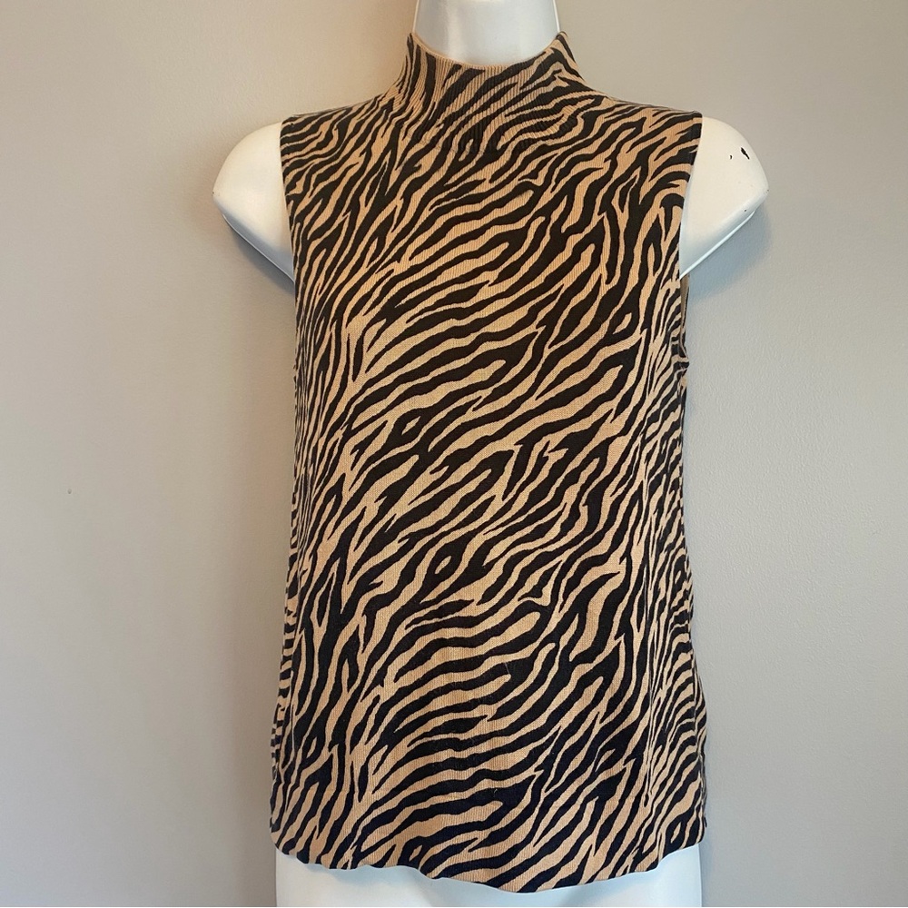 August Silk Knits 100% Silk Zebra Print Sleeveless Mock Neck Tank Top Small